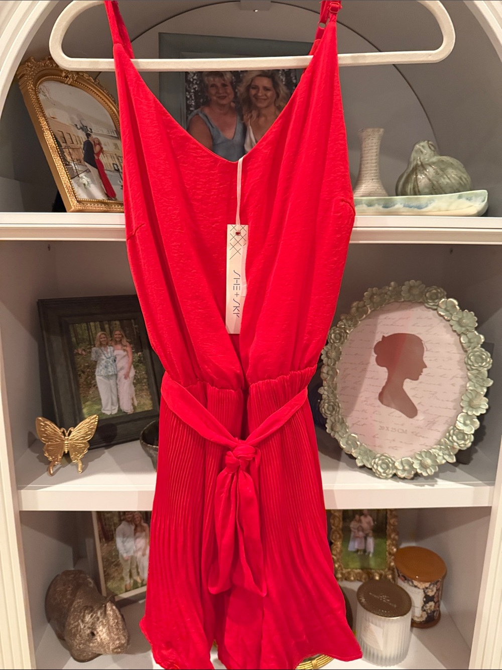 She + Sky Red Sleeveless V-Neck Pleated Waist Tie Romper